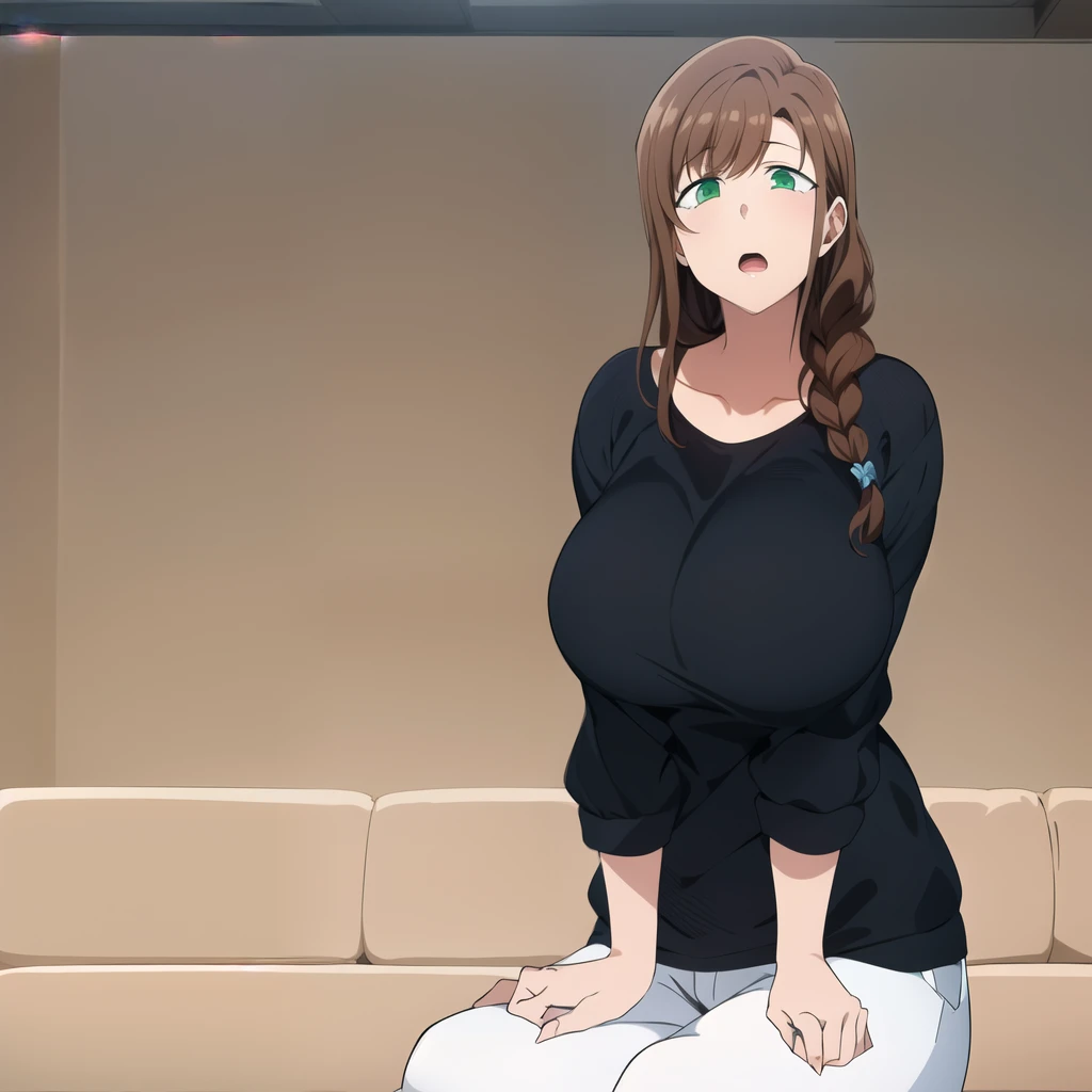 hd masterpiece, best quality, 1girl, solo, long hair, black shirt, opoened mouth, brown hair, braid , ears, DETAILED GREEN eyes, opened mouth, braid, ((living room)), surprised, white pants