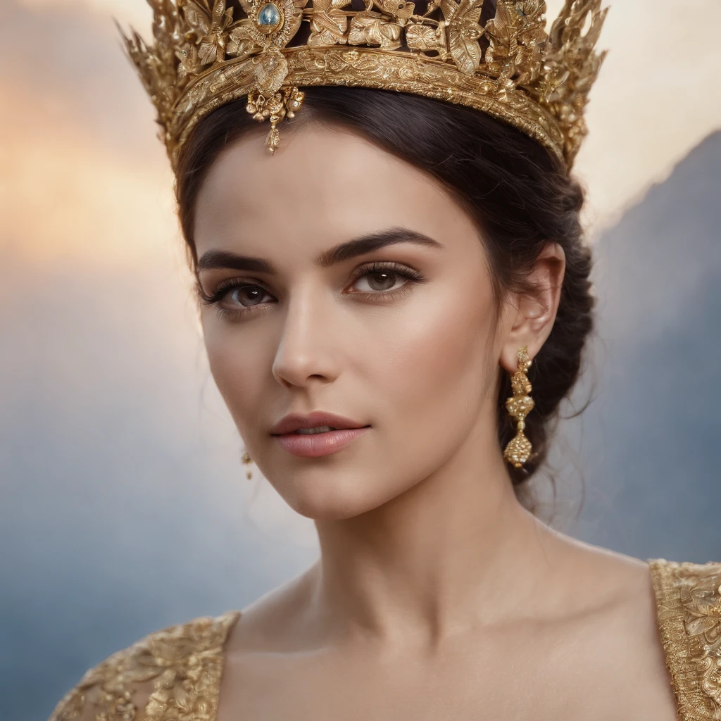 mulher arafa usando uma coroa de ouro e um colar de ouro, Retrato da princesa asteca, Um retrato impressionante de uma deusa, retrato close-up da deusa, Retrato de uma bela deusa, portrait of a cosmic goddess, Retrato da Deusa, cinematic goddess close shot, Imperatriz Asteca, deusa. Detalhes extremamente altos, uma bela imperatriz fantasia, karol bak uhd, gorgeous goddess of leo