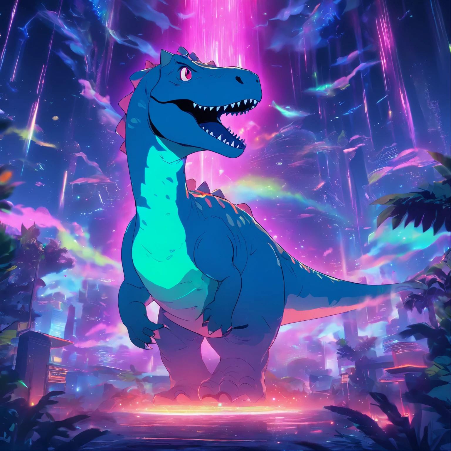 A cinematic scene of a dinosaur roaming through an aurora-filled sky, with a futuristic cosmic toilet in the background. The dinosaur is lit up by the colorful lights of the aurora, creating a dramatic and otherworldly atmosphere. The toilet is intricately designed with advanced technology and glowing lights, adding to the overall futuristic feel of the piece. The composition is focused on the dinosaur, with the aurora and toilet serving as the background elements. The art style is hyper-detailed and trendsetting on platforms such as Artstation and Unreal Engine.