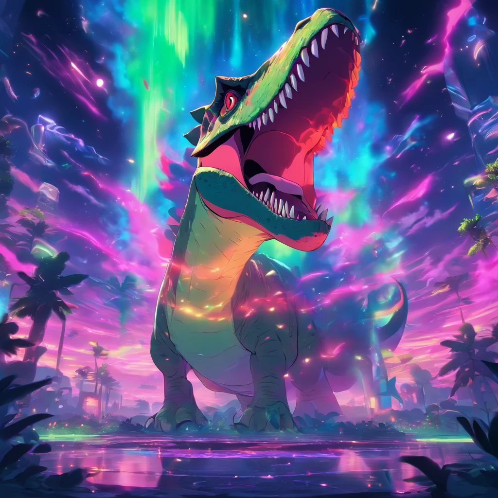 A cinematic scene of a dinosaur roaming through an aurora-filled sky, with a futuristic cosmic toilet in the background. The dinosaur is lit up by the colorful lights of the aurora, creating a dramatic and otherworldly atmosphere. The toilet is intricately designed with advanced technology and glowing lights, adding to the overall futuristic feel of the piece. The composition is focused on the dinosaur, with the aurora and toilet serving as the background elements. The art style is hyper-detailed and trendsetting on platforms such as Artstation and Unreal Engine.