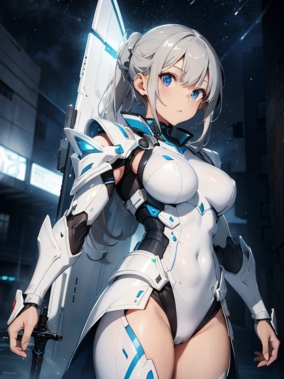 Woman in white suit holding sword, Mecha Iron White Futuristic Armor Clean Modern Simple Elegant, Porcelain Cyborg Armor, SF Women's Army
