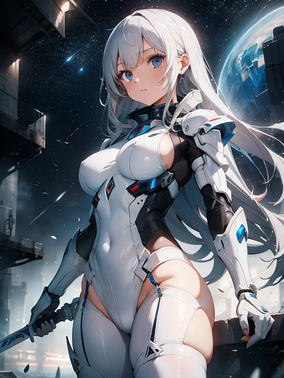 Woman in white suit holding sword, Mecha Iron White Futuristic Armor Clean Modern Simple Elegant, Porcelain Cyborg Armor, SF Women's Army