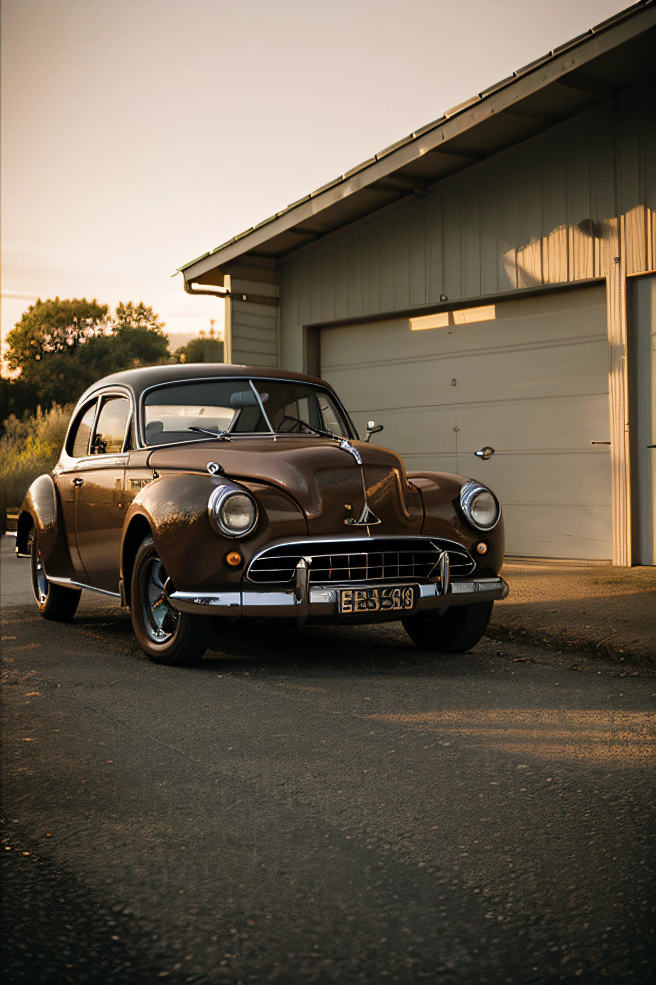 Vintage car collector, Garage, nightfall, Low angle, Kodak Portra 400 style, Natural Tones, soft-lighting, fineness, moderate saturation, focus on precise skin tones