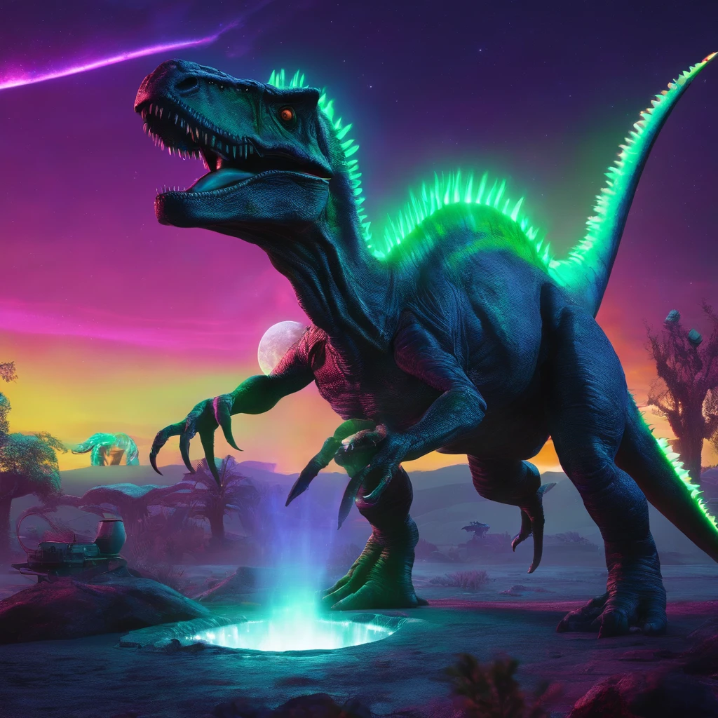 cinematic scene of a dinosaur roaming through an aurora-filled sky, with a futuristic cosmic toilet in the background. The dinosaur is lit up by the colorful lights of the aurora, creating a dramatic and otherworldly atmosphere. The toilet is intricately designed with advanced technology and glowing lights, adding to the overall futuristic feel of the piece. The composition is focused on the dinosaur, with the aurora and toilet serving as the background elements. The art style is hyper-detailed and trendsetting on platforms such as Artstation and Unreal Engine.