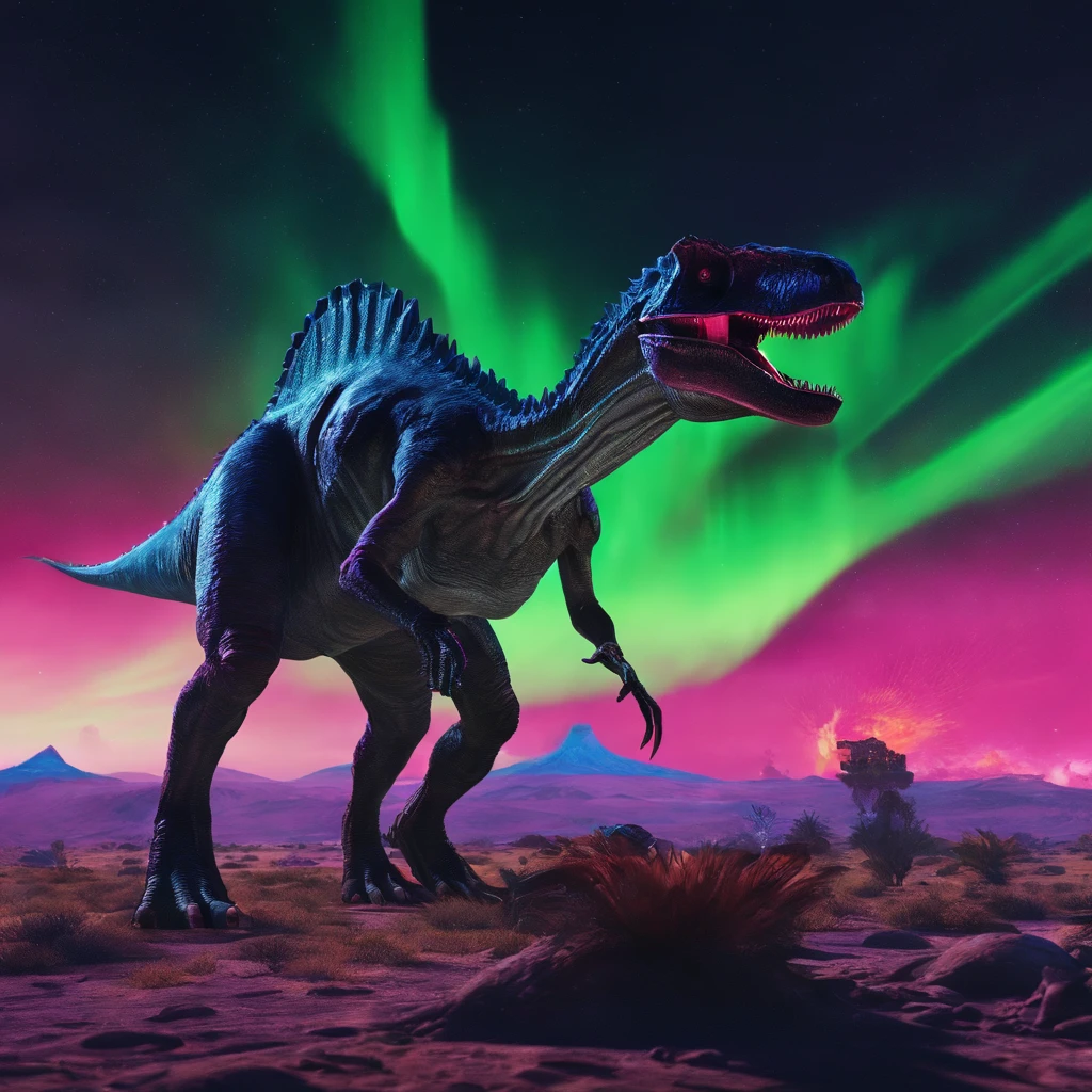 cinematic scene of a dinosaur roaming through an aurora-filled sky, with a futuristic cosmic toilet in the background. The dinosaur is lit up by the colorful lights of the aurora, creating a dramatic and otherworldly atmosphere. The toilet is intricately designed with advanced technology and glowing lights, adding to the overall futuristic feel of the piece. The composition is focused on the dinosaur, with the aurora and toilet serving as the background elements. The art style is hyper-detailed and trendsetting on platforms such as Artstation and Unreal Engine.