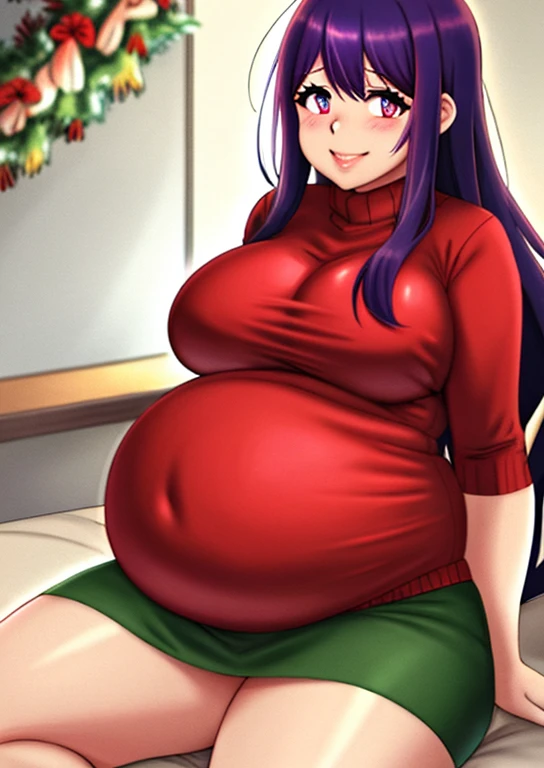 fat, ai hoshino, big belly, obese, pregnant, sitting down, Christmas, wearing a sweater, fat, purple hair