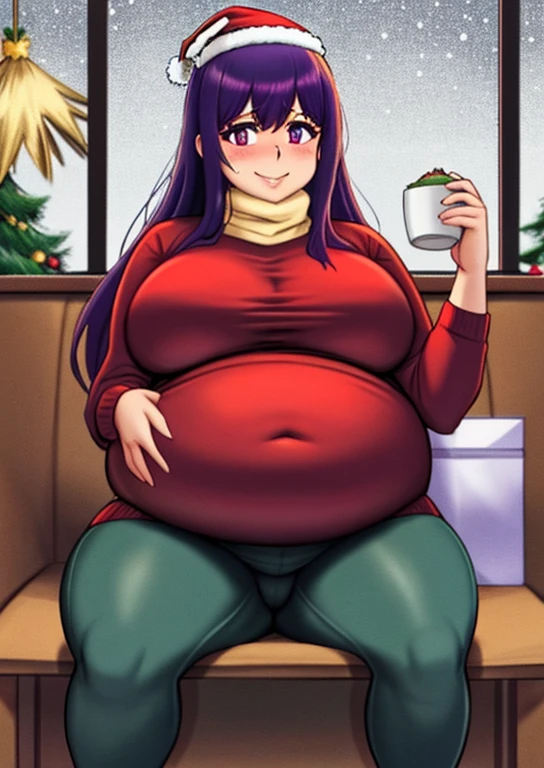 fat, ai hoshino, big belly, obese, pregnant, sitting down, Christmas, wearing a sweater, fat, purple hair
