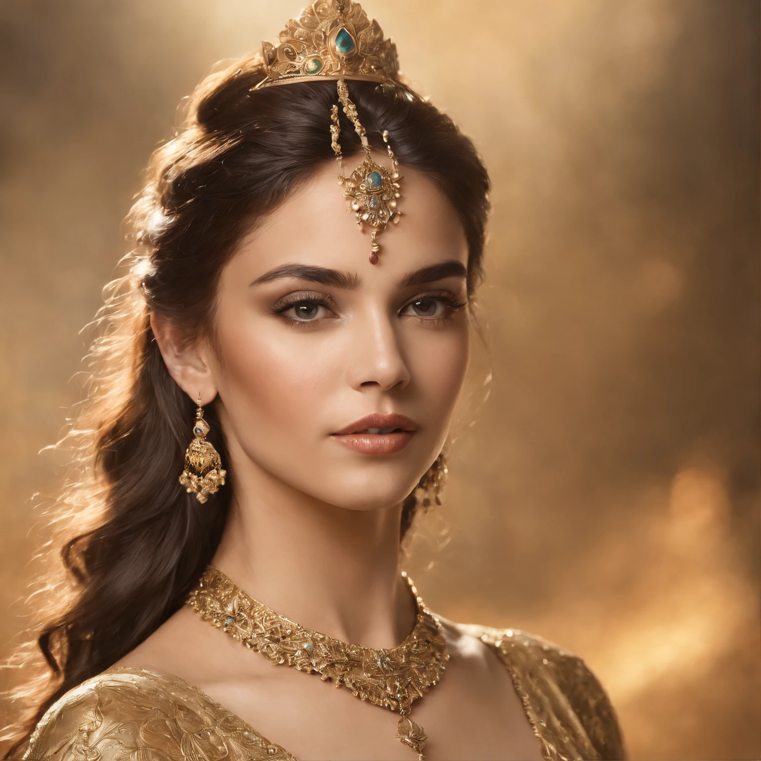 mulher arafa usando uma coroa de ouro e um colar de ouro, Retrato da princesa asteca, Um retrato impressionante de uma deusa, retrato close-up da deusa, Retrato de uma bela deusa, portrait of a cosmic goddess, Retrato da Deusa, cinematic goddess close shot, Imperatriz Asteca, deusa. Detalhes extremamente altos, uma bela imperatriz fantasia, karol bak uhd, gorgeous goddess of leo