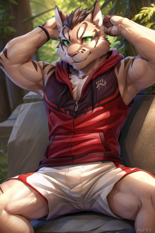 yan shu chi, green eyes, (pose:1.3), (posing:1.3), (soft shading), 4k, hi res, five fingers, detailed hands, ((detailed face, (detailed eyes:1.0), detailed)), (full body), by zackarry911, by zaush, (by personalami:0.5), solo, looking at viewer, smile, 1boy, white shorts, male focus, thighs, sleeveless, , hood, hoodie, feet out of frame, thick thighs, abs, shorts, red shirt, seductive smile, sleeveless hoodie, elbow pads