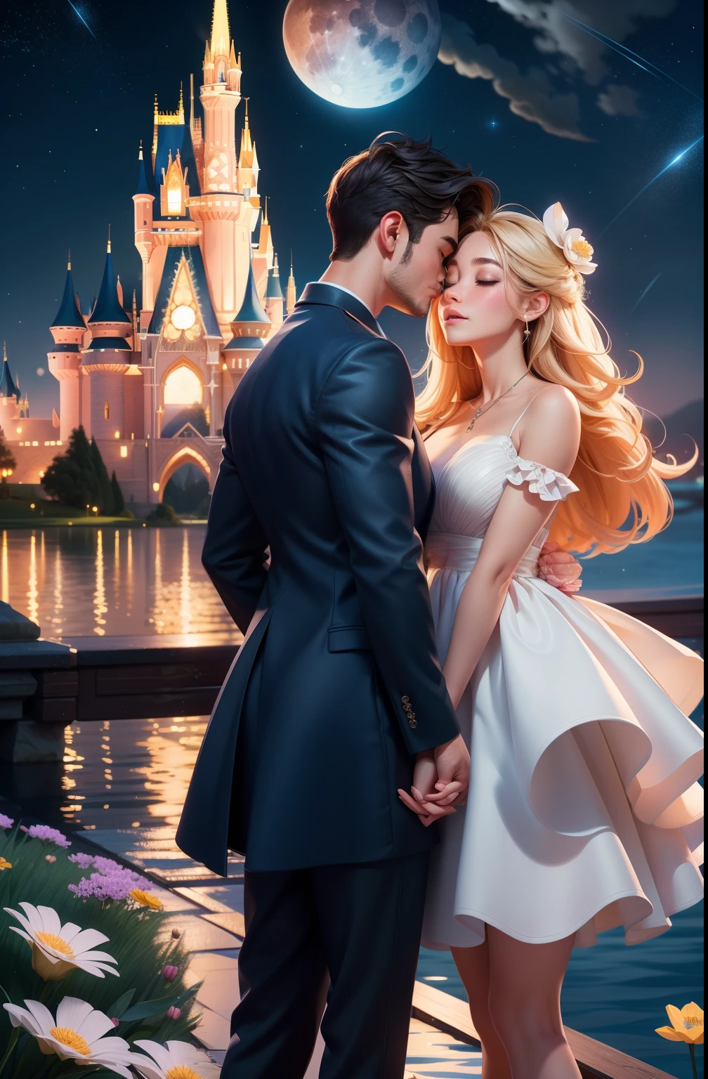 in a panoramic view，wide angles，Real-world realism，4k picture quality，Detailed description，Depiction of demeanor，Detail portrayal，(Romantic couple kissing in the wind)，Starry night、Cinderella's castle、Castle panorama，large moon、Small clouds、Moonlight、Tranquil lake，Beautiful moon reflection、Ultra-realistic scenes、detaileds、Foto realism，Starry sky at night，Fireworks bloom in the sky，Spherical flowers explode，Colorful，The meadows are full of flowers，The wind blows the petals，Normal face，