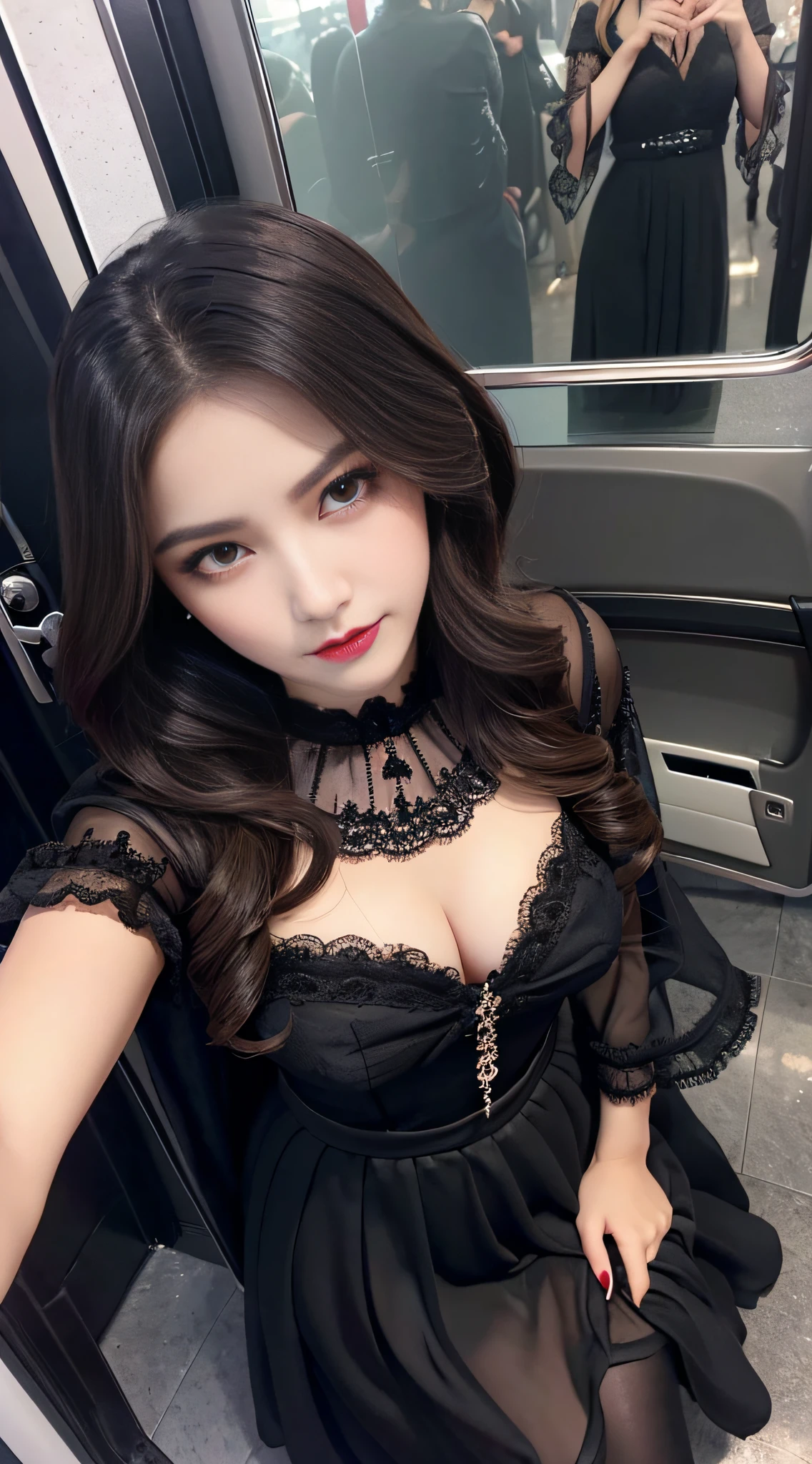 Ultra-detailed、Fascinating beauty、Dainty woman、Cool Girl、Wavy Hair、Black chiffon dress、Wide sleeves、flered skirt、Evil Female Executive、Evil Fall、brainwash、pantyhose、lacy fabric、Glossy legs、lipsticks、Evil look、Suspicious look、Hollow eyes、wicked、Reaching out、Over Head Shot、selfy