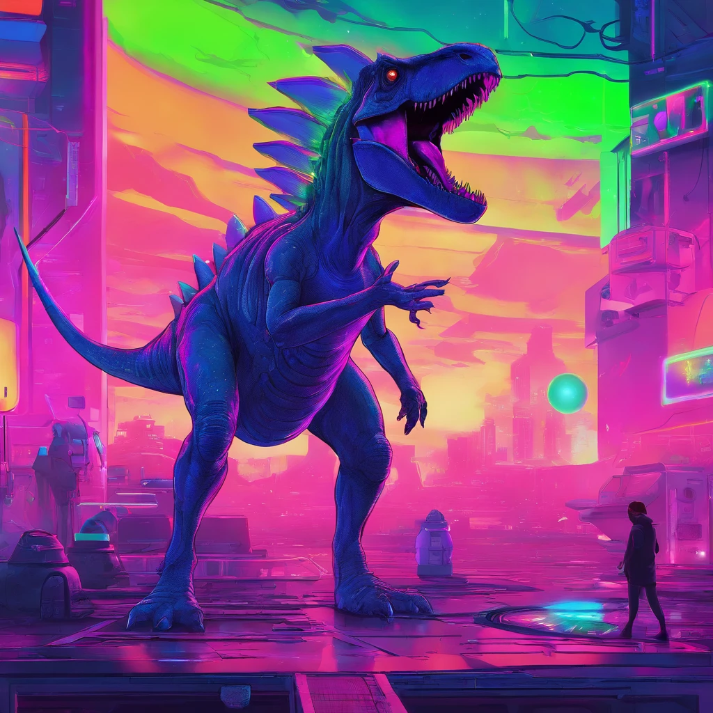 cinematic scene of a dinosaur roaming through an aurora-filled sky, with a futuristic cosmic toilet in the background. The dinosaur is lit up by the colorful lights of the aurora, creating a dramatic and otherworldly atmosphere. The toilet is intricately designed with advanced technology and glowing lights, adding to the overall futuristic feel of the piece. The composition is focused on the DINASOUR, with the AURORA and TOILET  serving as the background elements. The art style is hyper-detailed and trendsetting on platforms such as Artstation and Unreal Engine.