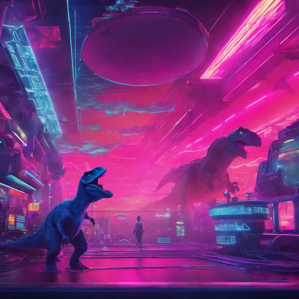 cinematic scene of a dinosaur roaming through an aurora-filled sky, with a futuristic cosmic toilet in the background. The dinosaur is lit up by the colorful lights of the aurora, creating a dramatic and otherworldly atmosphere. The toilet is intricately designed with advanced technology and glowing lights, adding to the overall futuristic feel of the piece. The composition is focused on the DINASOUR, with the AURORA and TOILET  serving as the background elements. The art style is hyper-detailed and trendsetting on platforms such as Artstation and Unreal Engine.