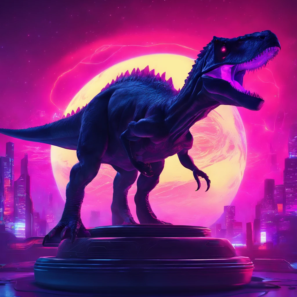 cinematic scene of a dinosaur roaming through an aurora-filled sky, with a futuristic cosmic toilet in the background. The dinosaur is lit up by the colorful lights of the aurora, creating a dramatic and otherworldly atmosphere. The toilet is intricately designed with advanced technology and glowing lights, adding to the overall futuristic feel of the piece. The composition is focused on the DINASOUR, with the AURORA and TOILET  serving as the background elements. The art style is hyper-detailed and trendsetting on platforms such as Artstation and Unreal Engine.