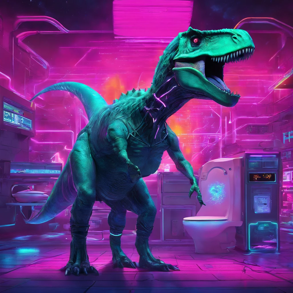 cinematic scene of a dinosaur roaming through an aurora-filled sky, with a futuristic cosmic toilet in the background. The dinosaur is lit up by the colorful lights of the aurora, creating a dramatic and otherworldly atmosphere. The toilet is intricately designed with advanced technology and glowing lights, adding to the overall futuristic feel of the piece. The composition is focused on the DINASOUR, with the AURORA and TOILET serving as the background elements. The art style is hyper-detailed and trendsetting on platforms such as Artstation and Unreal Engine.