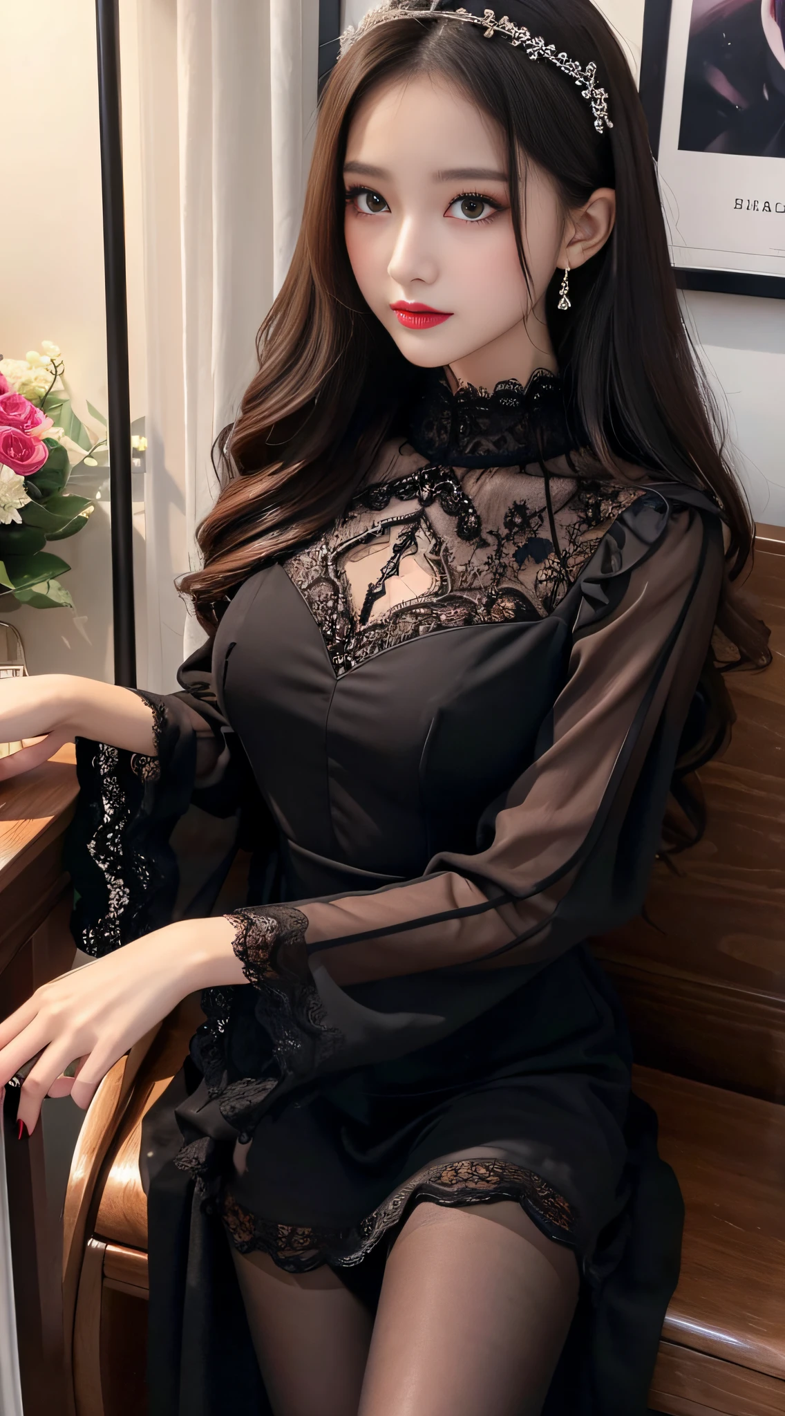 Ultra-detailed、Fascinating beauty、Dainty woman、Cool Girl、Wavy Hair、Black chiffon dress、Wide sleeves、flered skirt、Evil Female Executive、Evil Fall、brainwash、pantyhose、lacy fabric、Glossy legs、lipsticks、Evil look、Suspicious look、Hollow eyes、wicked、Reaching out、Over Head Shot、selfy