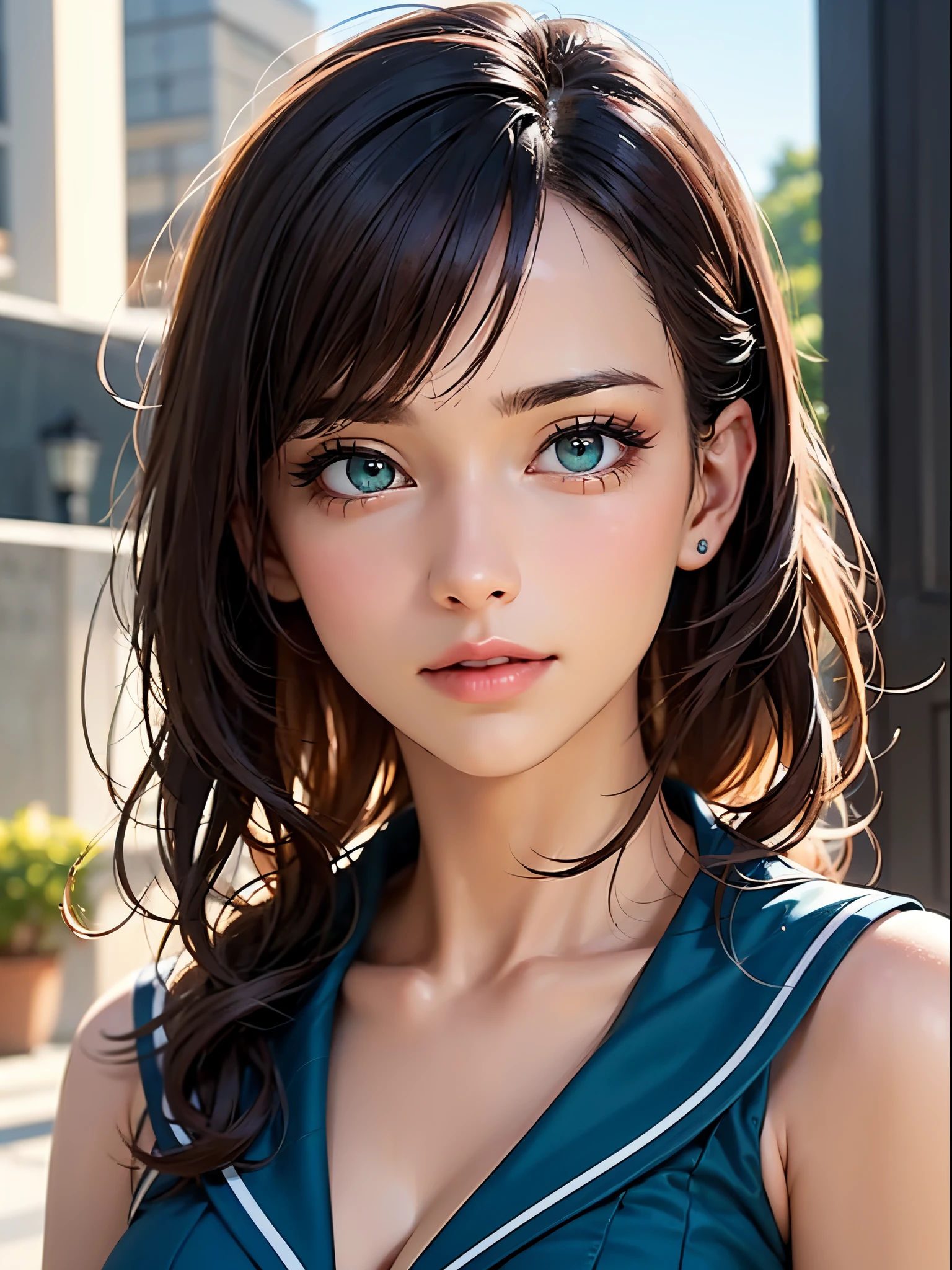 masutepiece, Best Quality, High quality, High Definition, high quality texture, high quality shadow, high detailing, Beautiful detailed, Finely detailed, extremely details CG, Detailed texture, realistic representation of face, Realistic, Colorful, Delicate, Cinematic Light, side lights, Lens Flare, Ray tracing, Sharp Focus, (Intricate details, makeup, pureerosface_v1:0.5), (Detailed beautiful delicate face, Detailed beautiful delicate eyes, A perfectly proportioned face, High detailed skin, Detailed skin, best ratio four finger and one thumb, upperbody shot,  (Large breasts), (cleavage),  ((Smooth texture, Realistic texture, Photorealistic)),  (Detailed beautiful eyes, Beautiful eyelashes, Green eyes), (((Green eyes))), (Blonde semi-long hair), 1 woman,  at poolside,  (((sailor blue shirt, Sleeveless, Open front))),   (Beautiful face, Cute face, Detailed face),   (((Sunny))), Perfect Eyes Eyes