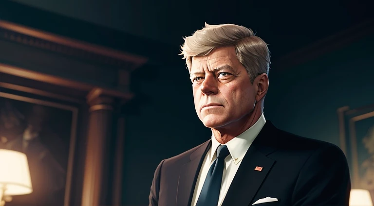 JFK homem, presidente dos EUA, looking serious, (YOUR MANGA STYLE), Cinematic lighting, por elmore, Greg Rutkowski, Artgerm, Alphonse Mucha