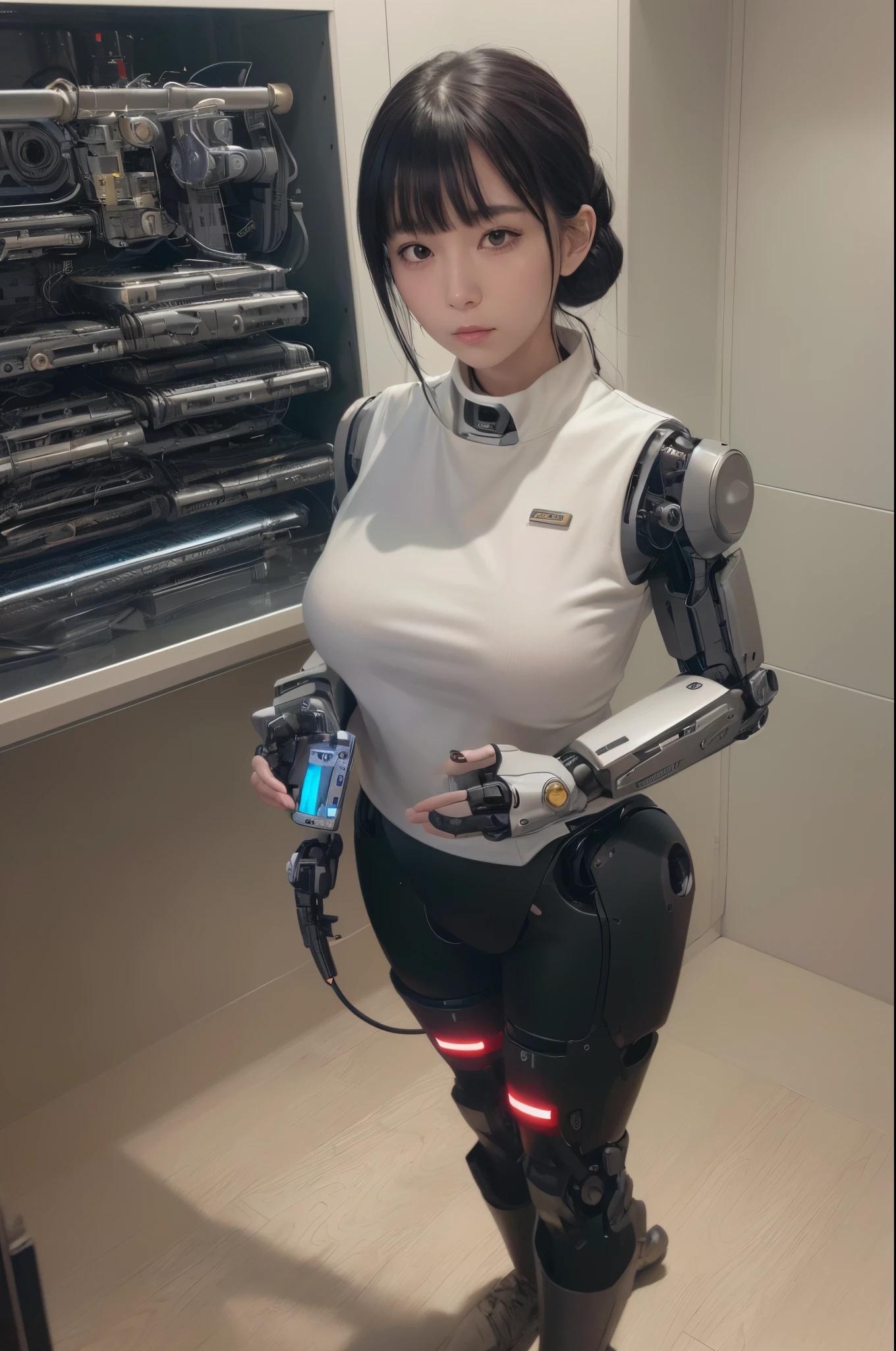 masterpiece, best quality, extremely detailed, (photorealistic:1.4), (RAW photo) (RAW photo) (8K, 4K, Best Quality, hight resolution, 超A high resolution:1.1), (masutepiece, Realistic, Photorealsitic:1.1), 1girl in, Japaese Cyborg girl,Plump , control panels,android,Droid,Mechanical Hand, Robot arms and legs, Black Robot Parts,Black hair,Mechanical body,Blunt bangs,White robotics parts,perfect robot girl,future information counter,reception,long tube,thick cable connected her neck,ceramic body ,mechanical body, ear antenna,mechanical ear cover, loose boots,mechanical costume,android,robot,humanoid,cyborg,information office,japanese android receptionist ,mechanical chest,full eyes,