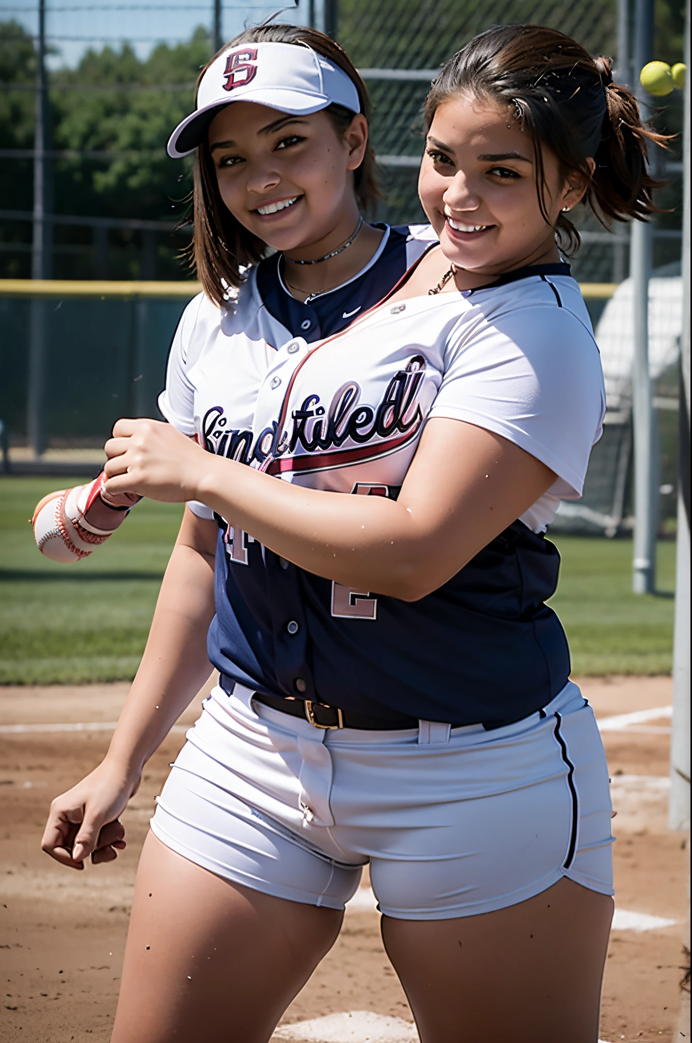 2heads, teenage girl, age 18, curvy, softball player, on field, playing softball, midday,