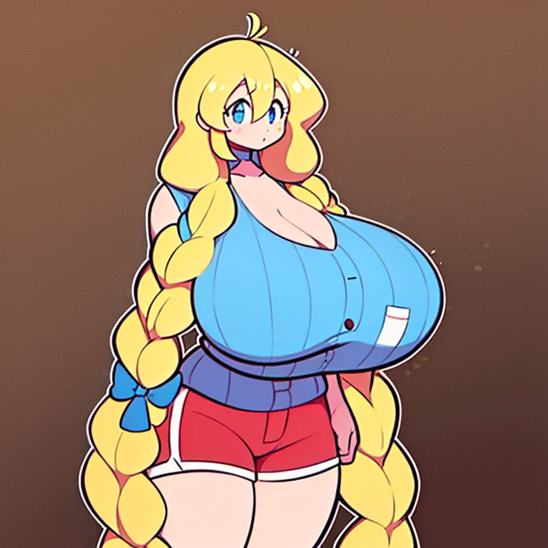 cassie, theycallhimcake, blonde hair, very long hair, braid, bow, striped shirt, red shorts, gigantic breasts, blue shirt, :D