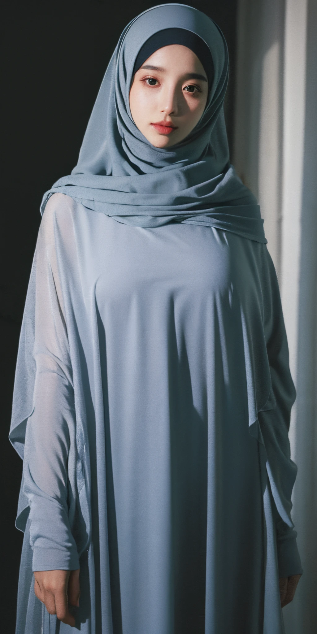 a beautiful young woman hijab, (((super big breast))), (very big breast covered), (Big breast), bare breast, perfect face, (((very huge big breast,))), ((( Big Breast))) long dress see through muslim, (((covering mouth, long veil))), Slim Face、20 years old, stil young, Pretty Lady, smile eyes, stand up, (big breast covered) , see full body, park