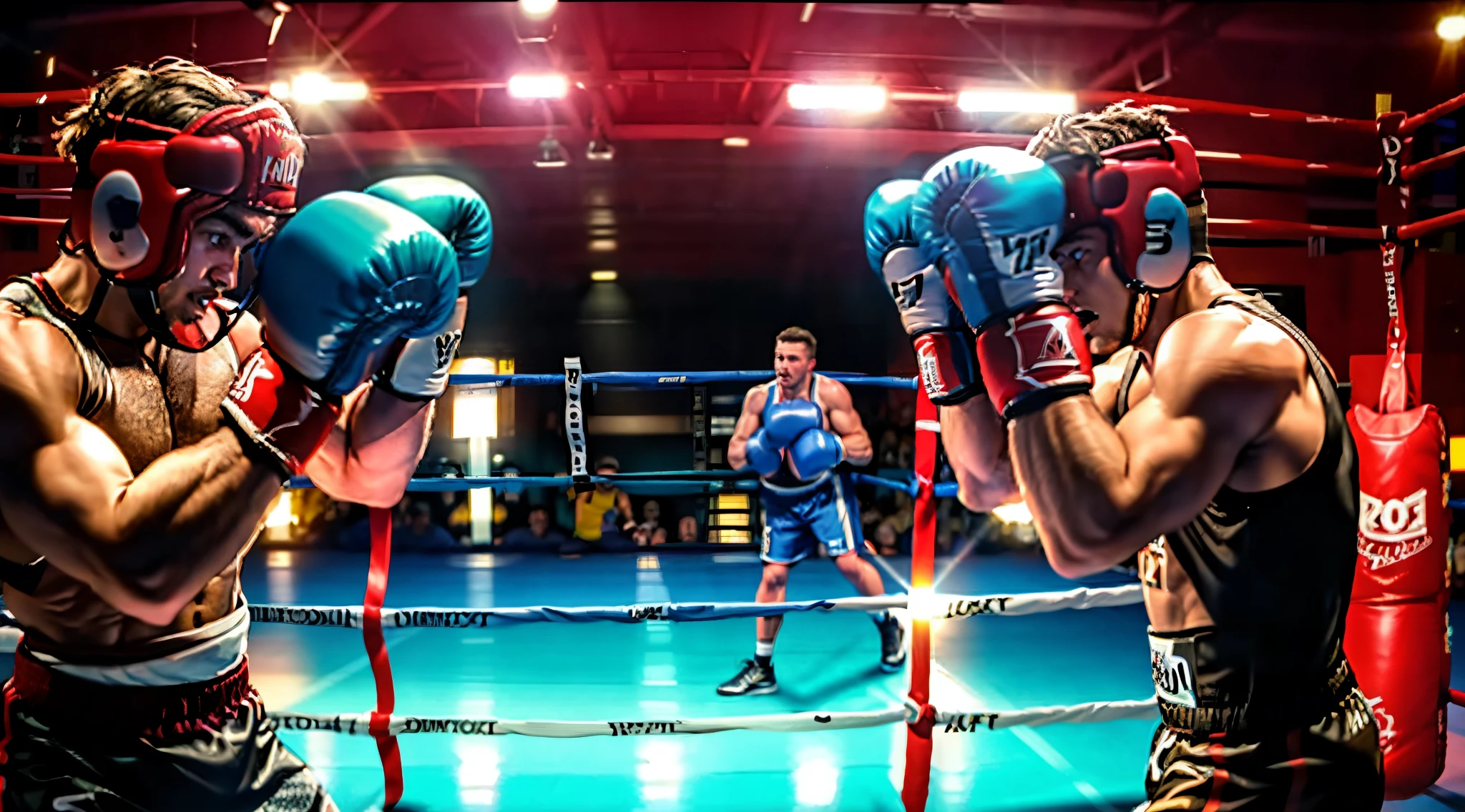 two men with boxing equipment are in a boxing ring, sparring, en un ring de boxeo, escena de lucha, combate de boxeo, boxing ring, 2 0 2 1 cinematic 4 k framegrab, Filmed with anamorphic lenses, Cinematic fight in the middle of the shot, boxeo, Al estilo de Kyrill Kotashev, pelear, Filmed from cinematics, Anamorphic cinematography