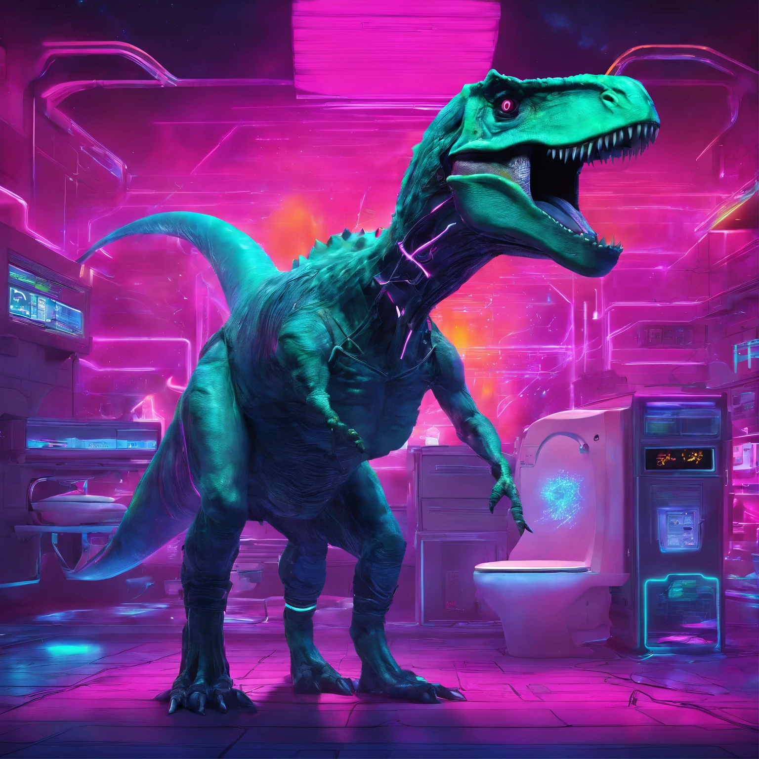 cinematic scene of a dinosaur roaming through an aurora-filled sky, with a futuristic cosmic toilet in the background. The dinosaur is lit up by the colorful lights of the aurora, creating a dramatic and otherworldly atmosphere. The toilet is intricately designed with advanced technology and glowing lights, adding to the overall futuristic feel of the piece. The composition is focused on the DINASOUR, with the AURORA and TOILET serving as the background elements. The art style is hyper-detailed and trendsetting on platforms such as Artstation and Unreal Engine.