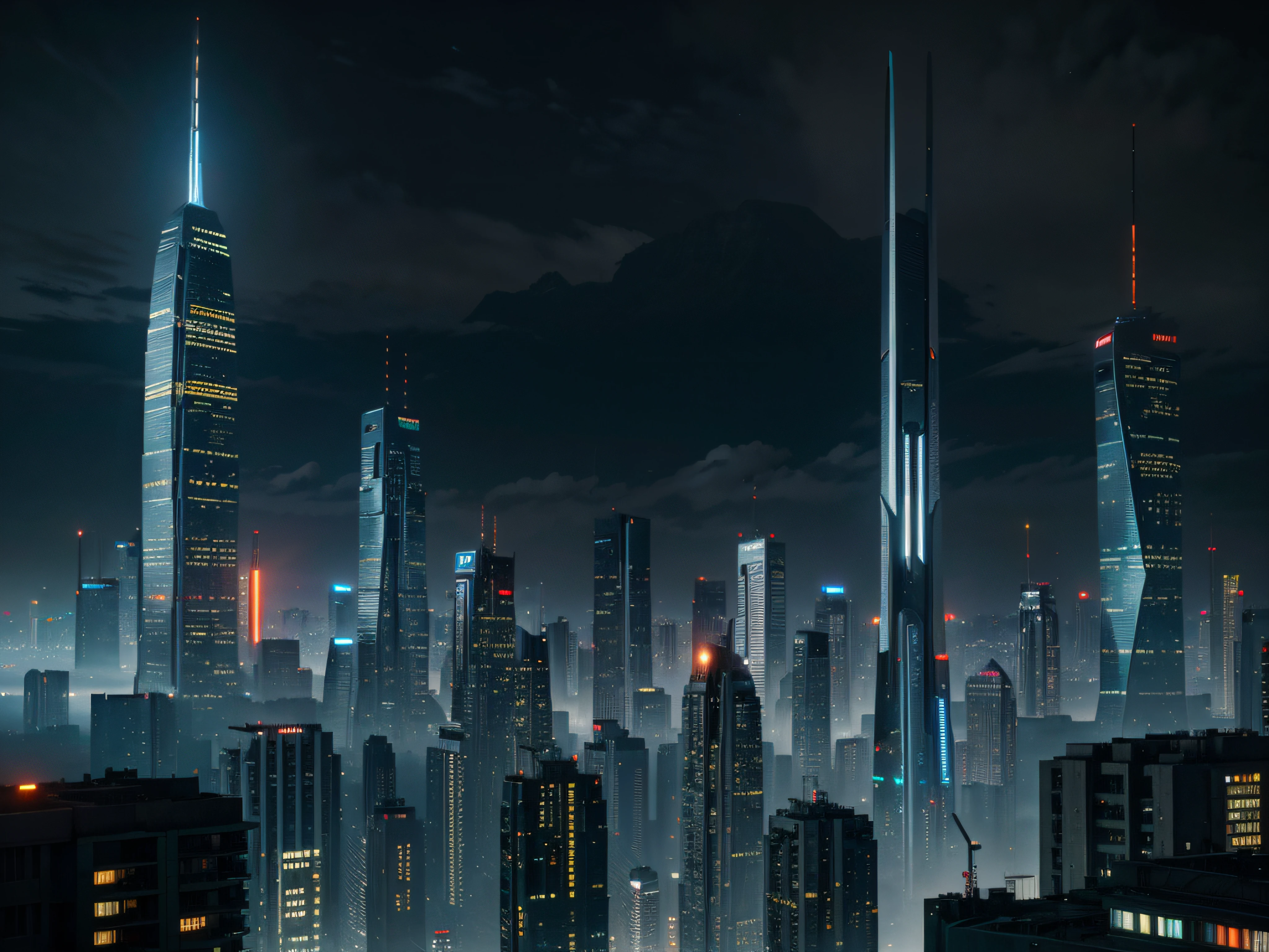 blade runner, futuristic, cyberpunk, city, mountains, scenic, impressive, advanced, buildings, technology, high quality photography, epic, futuristic buildings, insanely detailed,