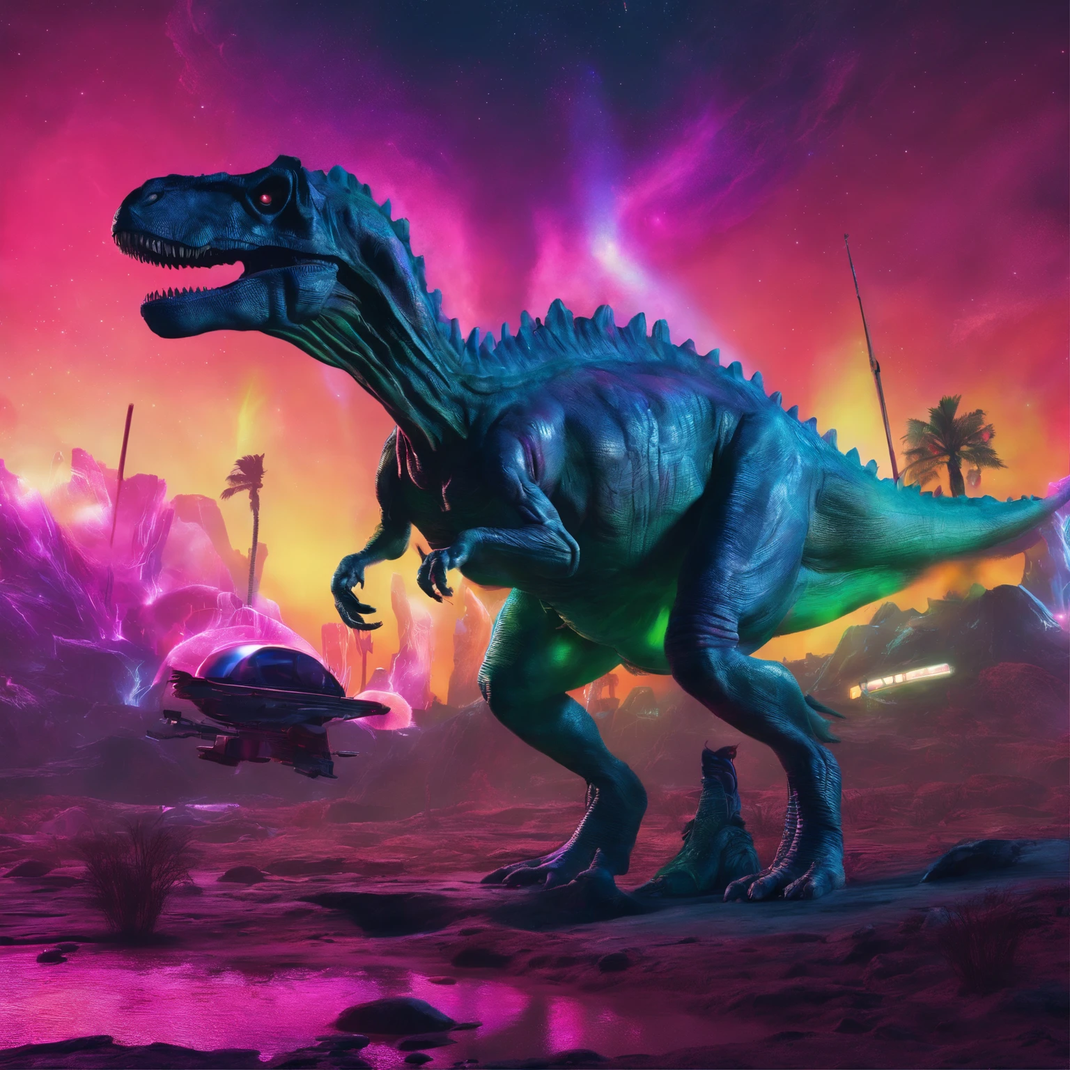 cinematic scene of a dinosaur roaming through an aurora-filled sky, with a futuristic cosmic toilet in the background. The dinosaur is lit up by the colorful lights of the aurora, creating a dramatic and otherworldly atmosphere. The toilet is intricately designed with advanced technology and glowing lights, adding to the overall futuristic feel of the piece. The composition is focused on the dinosaur, with the aurora and toilet serving as the background elements. The art style is hyper-detailed and trendsetting on platforms such as Artstation and Unreal Engine.
