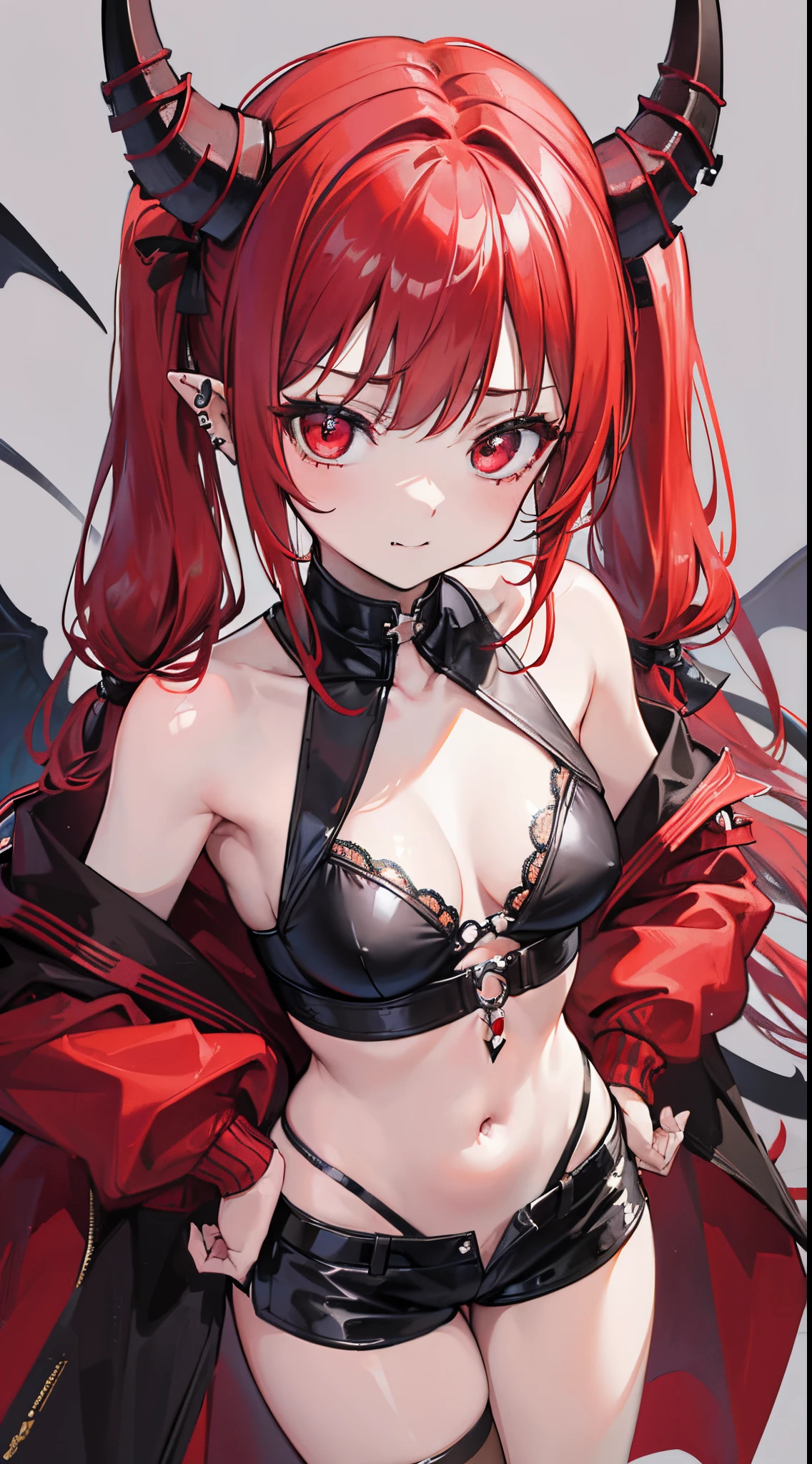 (8K、Top image quality、top-quality、​masterpiece)、1 girl in、Red-haired twintails、demonic horns、Pointed ears、piercings、Red eyes、Show your fangs and laugh、Moderately breasts、black Bikini、black short shorts、shiny、Panty straps、nighttime scene、looking-down、Put your hands on your hips、cowboy  shot、Taken from above