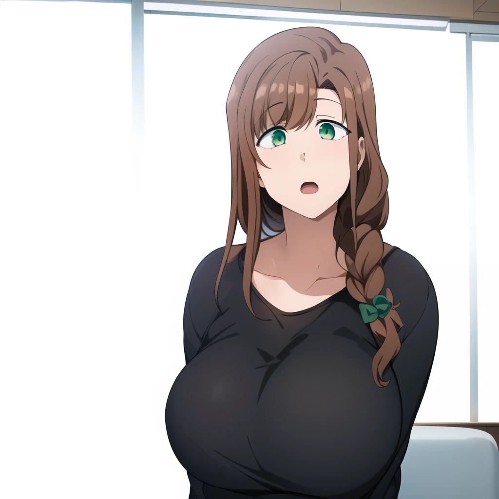 hd masterpiece, best quality, 1girl, solo, long hair, black shirt, opoened mouth, brown hair, braid , ears, DETAILED GREEN eyes, opened mouth, braid, ((living room)), surprised,