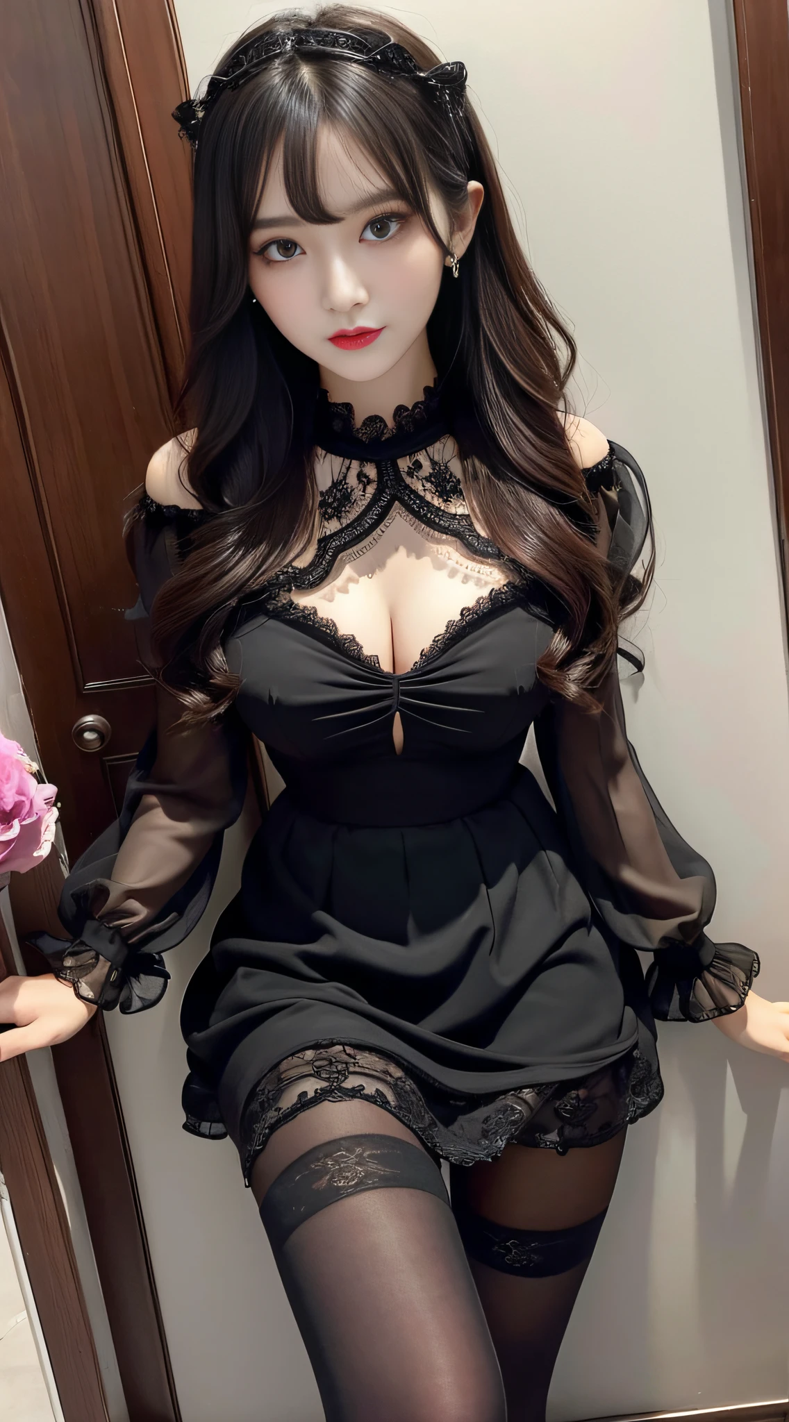 Ultra-detailed、Fascinating beauty、Dainty woman、Cool Girl、Wavy Hair、Black chiffon dress、Wide sleeves、flered skirt、Evil Female Executive、Evil Fall、brainwash、pantyhose、lacy fabric、Glossy legs、lipsticks、Evil look、Suspicious look、Hollow eyes、wicked、Reaching out、Over Head Shot、selfy