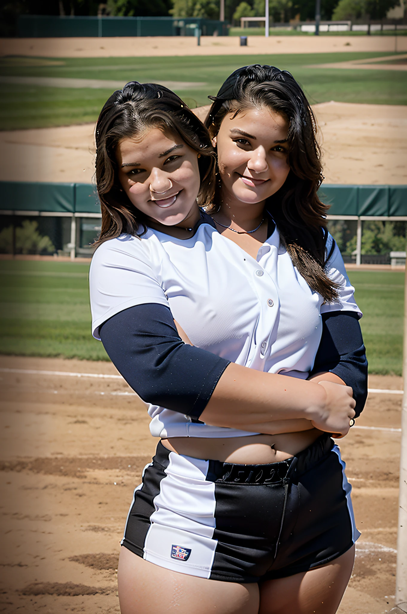 2heads, teenage girl, 18, curvy, softball player, on field, playing softball, midday,