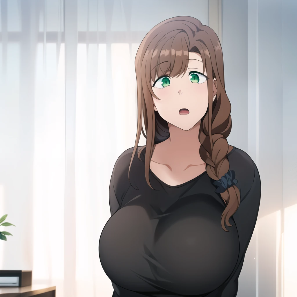 hd masterpiece, best quality, 1girl, solo, long hair, black shirt, opoened mouth, brown hair, braid , scrunchie,  ears, DETAILED GREEN eyes, opened mouth, braid, ((living room)), surprised,