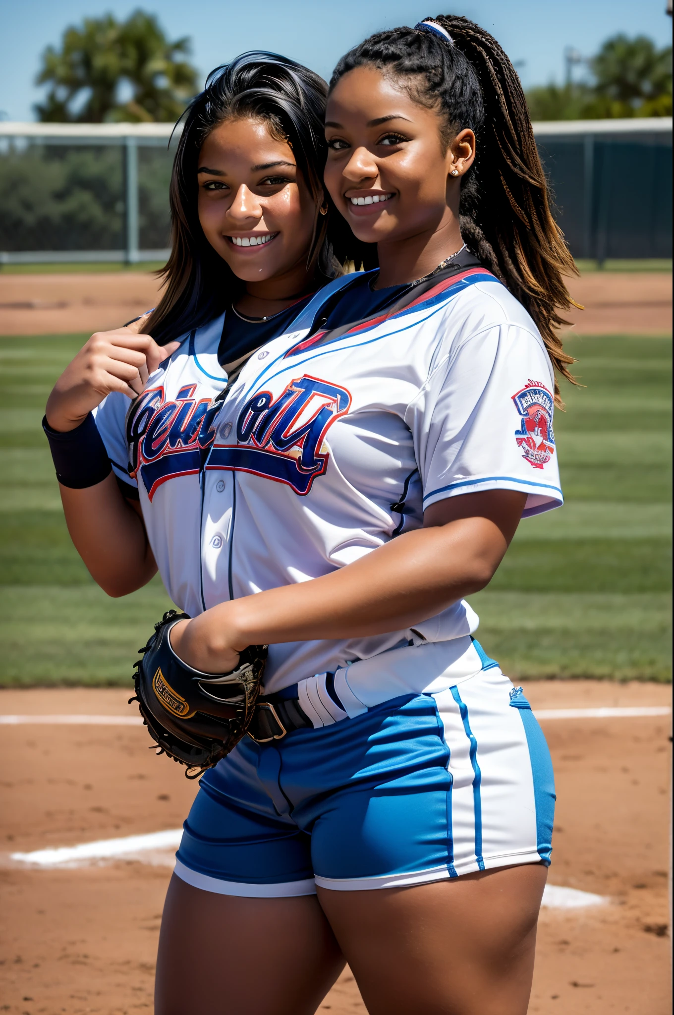 2heads, teenage girl, age 18, curvy, softball player, on field, playing softball, midday,