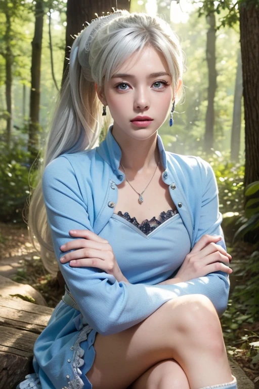 (masterpiece, best quality:1.2), cowboy shot, solo, 1girl, expressionless, closed mouth, looking at viewer, crossed arms, white hair, side ponytail, blue dress, white boots, scar on left eye,
jewelry, necklace, earrings, forest, summer afternoon