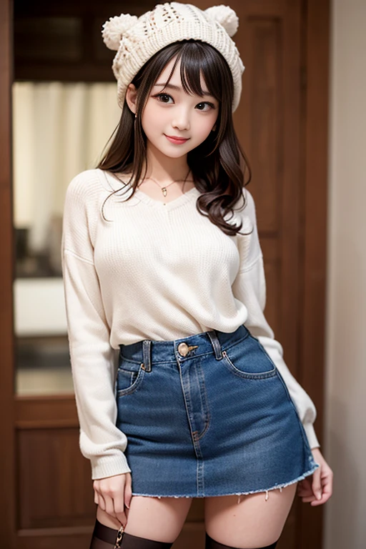 The cutest girl who works as a gravure idol、with shiny brown hair、MA-1 blouson and knit hat、She is captivating with her cute denim miniskirt and black pantyhose.。She smiled confidently.、Facing the camera in a professional pose。her fashion and expressions、A perfect balance between cuteness and elegance、It draws the viewer in and doesn't let go.。Through this scene、Express her charm to the fullest。"