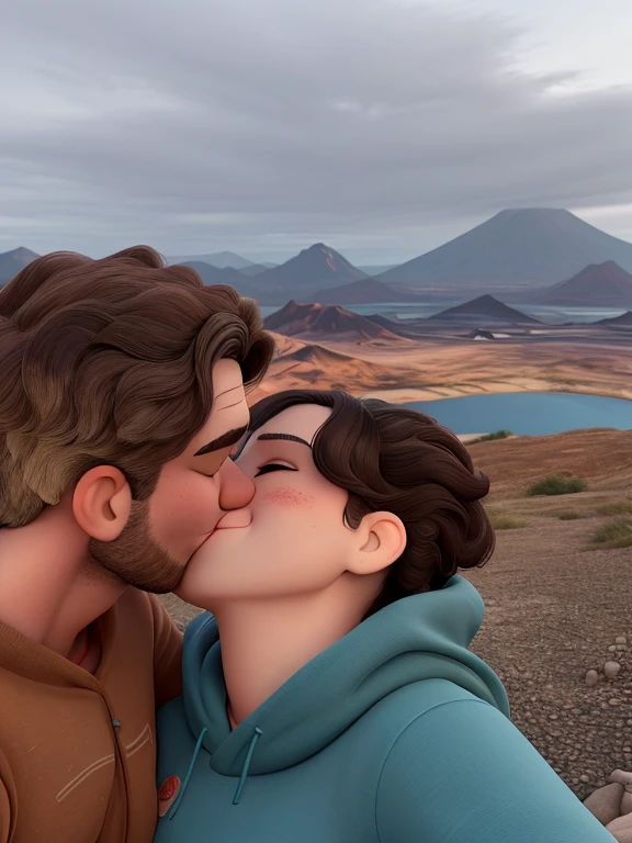 they are kissing each other on the side of a mountain, with mountains in background, with mountains in the background, with mountains as background, kissing together cutely, with mountains in the distance, mountains in the background, mars vacation photo, couple kissing, with a volcano in the background, kissing together, vacation photo, epic mountains in the background, kissing each other