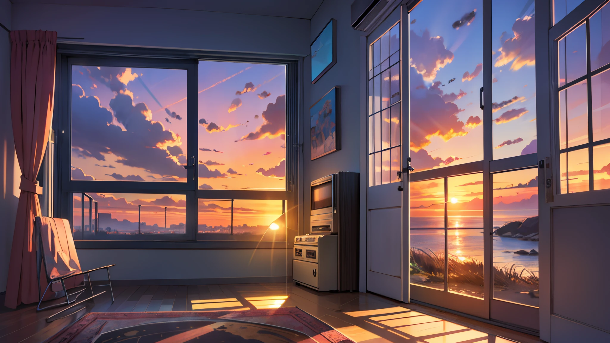 radio in the room near the window, twilight outside, sunset view from inside, 90s feel, relax, anime illustration style, digital art, --auto --s2