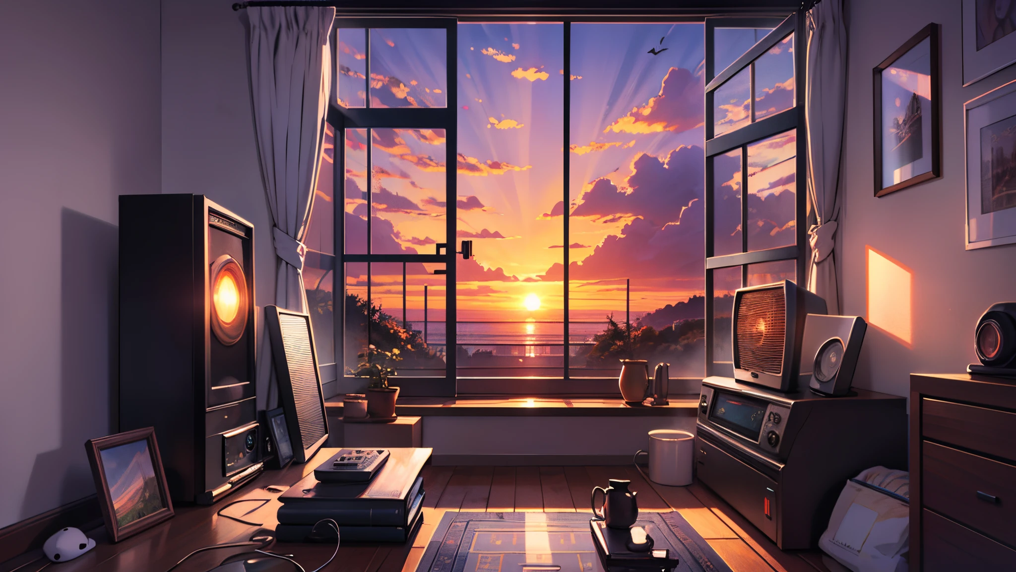 radio in the room near the window, twilight outside, sunset view from inside, 90s feel, relax, anime illustration style, digital art, --auto --s2