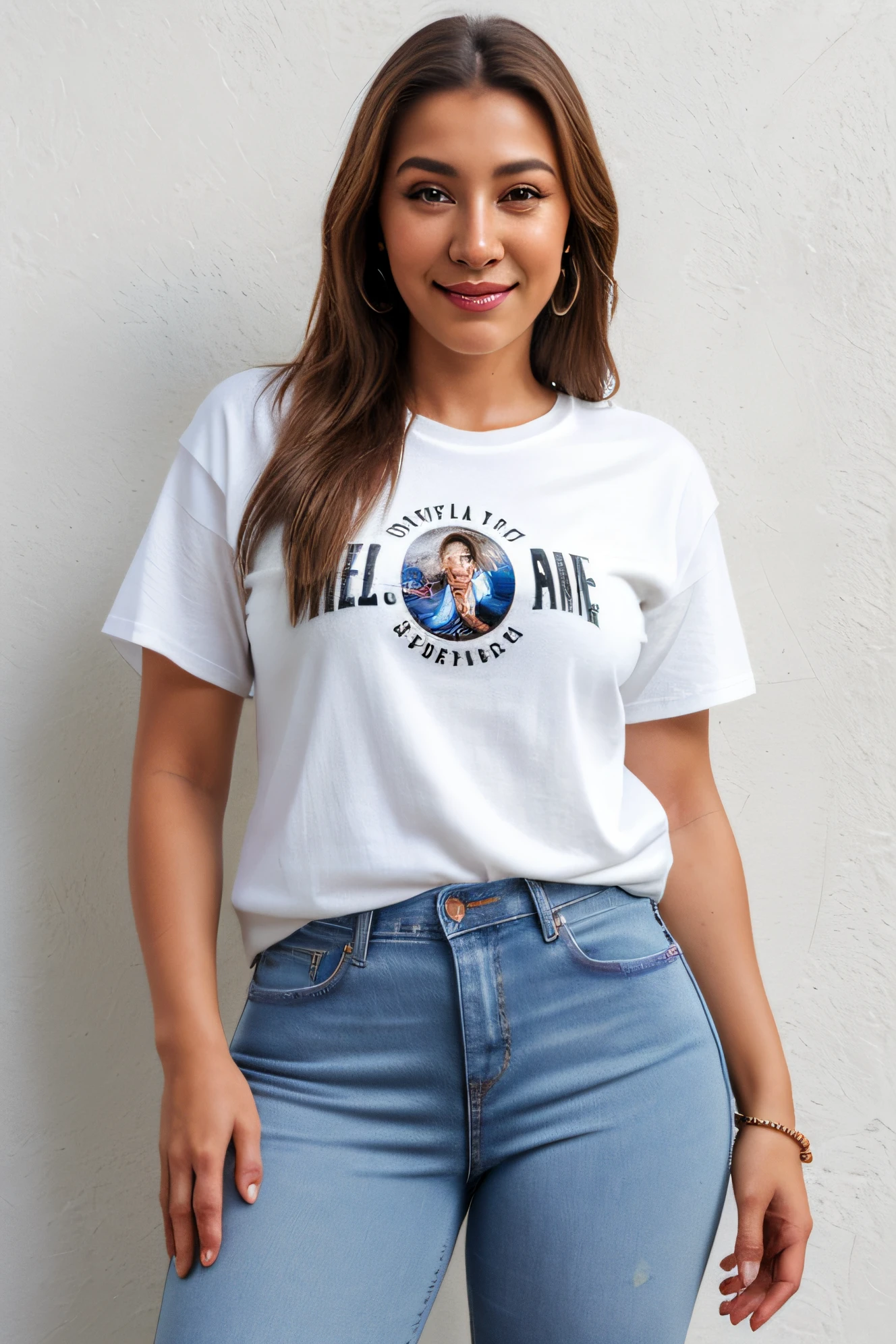 Mulher feliz de frente, hyper-realistic, Meio comprimento, vestindo uma longa grande camiseta branca, wearing jeans, fundo completamente branco estilo png, Beautiful woman, altamente realista, pele branca, cabelos louros