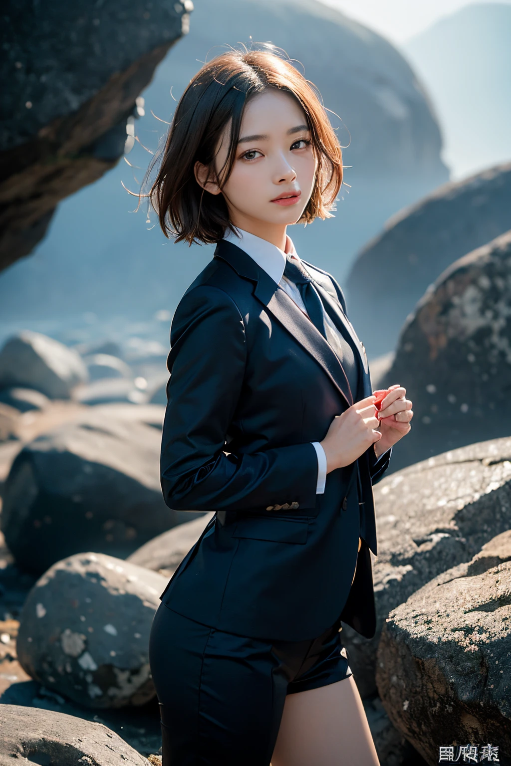 (masutepiece, Best Quality:1.2), 8K, Official art, Wearing a suit、Full body photo, full body Esbian、Suit Beauty、Beautiful barefoot woman with dark hair floating in the air, hold a flame in your right hand、in his left hand he holds a lightning bolt、23years old、Bright lava light rises above the broken Earth from beneath the asteroid belt(Jagged rock rocks and fragments shot into the air:1.3) (Storm of windy dust debris:1.1) Volume fogmist by trace Z、It can allow bright light from below to pass through、 (​masterpiece) (top-quality) (detaileds) (8K) (电影灯光) (foco nítido) (Convoluted)A dark-haired、small tits、A delightful、A smile、unbelievable Ridiculous, (Beautiful girl with upper body, Pretty Face, arching back down, Gold hair ornament on hair、Wearing a cute suit、close up, Wearing a suit, Short sleeve, gardenia, violaceaess, Teen, space system, Looking at Viewer, Film grain, chromatic abberation, Sharp Focus, face lights, Dynamic lighting, Cinematic lighting, Eyes and faces with detailed, Bokeh background, (Tie with Emma written on it、1 copy:1.2)