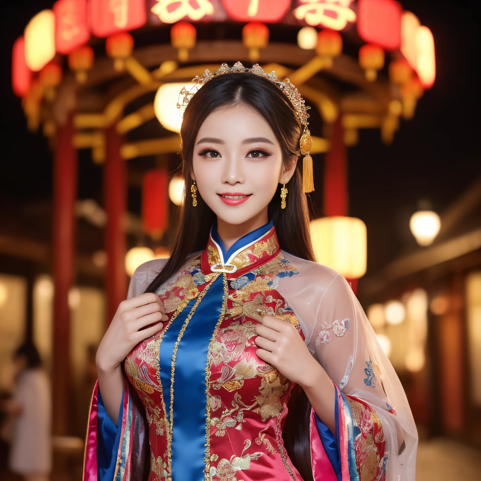 ((top-quality、masutepiece、8K、Top image quality、Highly complex and detailed depictions))、(Photo of the upper body of a Chinese prostitute:1.3)、Chang&#39;an garrison at night、The most luxurious ancient Chinese architecture、The most luxurious ancient Chinese costumes、((The most gorgeous Chinese prostitute huge costume、the most vivid and luxurious costumes、big long costume、The most luxurious and huge garrison、An unimaginably luxurious garrison、A very luxurious and huge garrison、Huge red light district at midnight、Very complex decoration、A very clear Chang&#39;an garrison))、(View me、Bewitching smile、Perfect makeup、long eyelashes、pink lipsticks、Pink eyeshadows、perfect anatomia、A slight smil)、(Clear background of the garrison house at night:1.3)