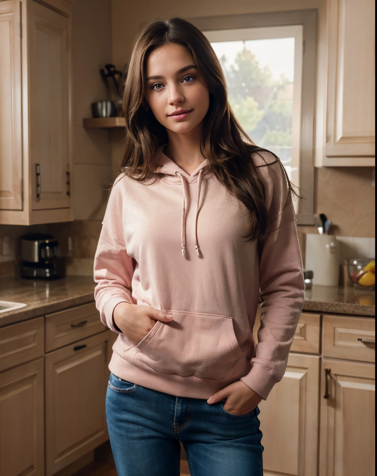 beautiful european girl with brown eyes and brunette hair, wearing jean pants and pink hoodie, standing behind a kitchen counter, smilling, ultra high resolution, (photorealistic: 1.4), high resolution ,( blue eyes), (finely detailed skin), (perfectly proportions) (photos realistic) (masterpiece) (photorealistic), ultrarealistic (Best Quality) (Detailed) photographed in a Canon EOS R5, 50mm Lens, F/2.8, (8K) (Wallpaper) (Cinematic lighting) (Dramatic Lighting) (Convoluted) Fashion