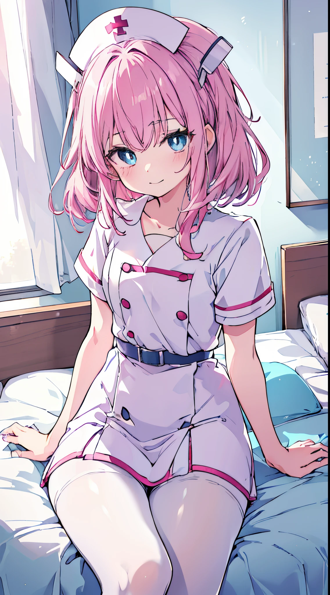 (8K、Top image quality、top-quality、​masterpiece)、1 ****、Pink hair、Twin-tailed、light blue  eyes、A slight smil、Smaller chest、nurse costume、a miniskirt、white pantyhose、Nurse Cap、cowboy  shot、sit on a bed、hospital room background