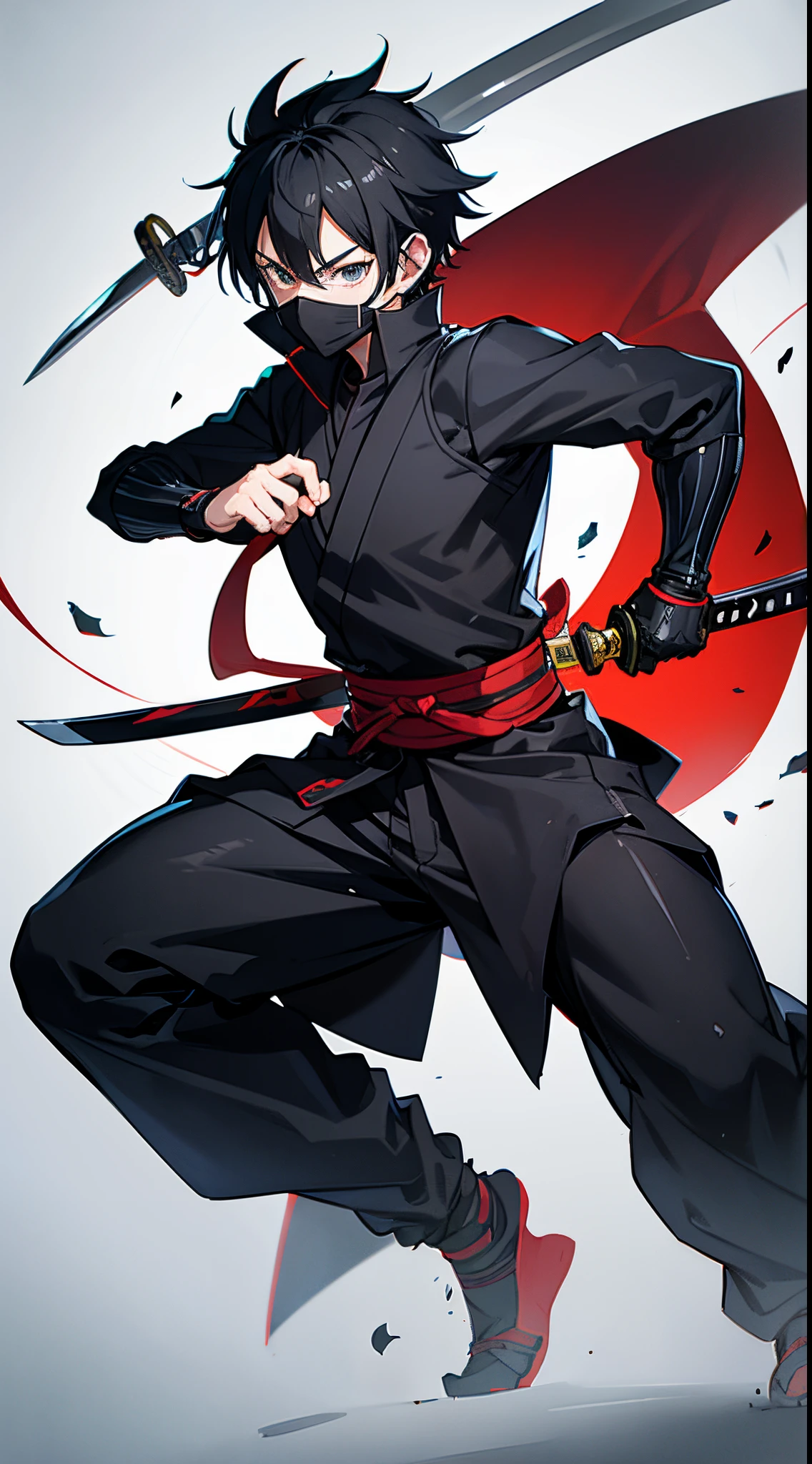 , Ninja Boy, katanas, Design Mask, exposure mask, Handsome, Black hair, The power to wield many swords, in woods, Slicing with a sword, Anime characters, evil soul, Hero Academia, Full body