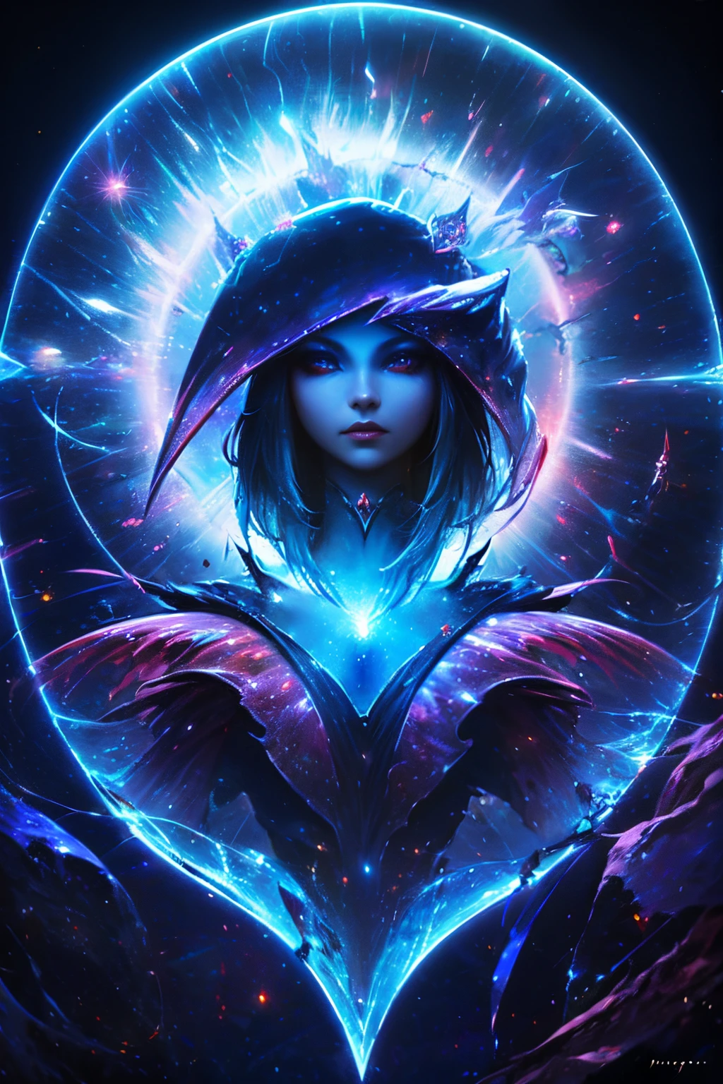 Giles magos oscuros. magos oscuros. ojos azules. cabello rubio. labios rojos. Detailed features.., cosmic colors, Ethereal lighting, Pintura surrealista, High resolution, Otherworldly atmosphere, Seres celestiales. Hermosa diosa