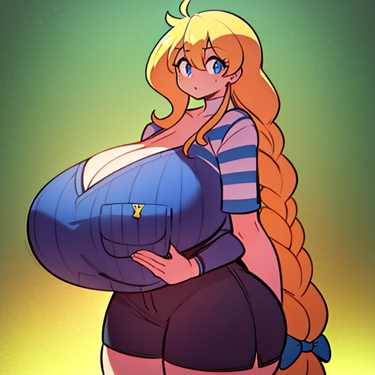 cassie, theycallhimcake, blonde hair, very long hair, braid, bow, striped shirt, red shorts, gigantic breasts, blue shirt, :D (best quality,4k,8k,highres,masterpiece:1.2),ultra-detailed,(realistic,photorealistic,photo-realistic:1.37),HDR,UHD,studio lighting,ultra-fine painting,sharp focus,physically-based rendering,extreme detail description,professional,vivid colors,bokeh,portraits,landscape,horror,anime,sci-fi,photography,concept artists,colorful,soft lighting.