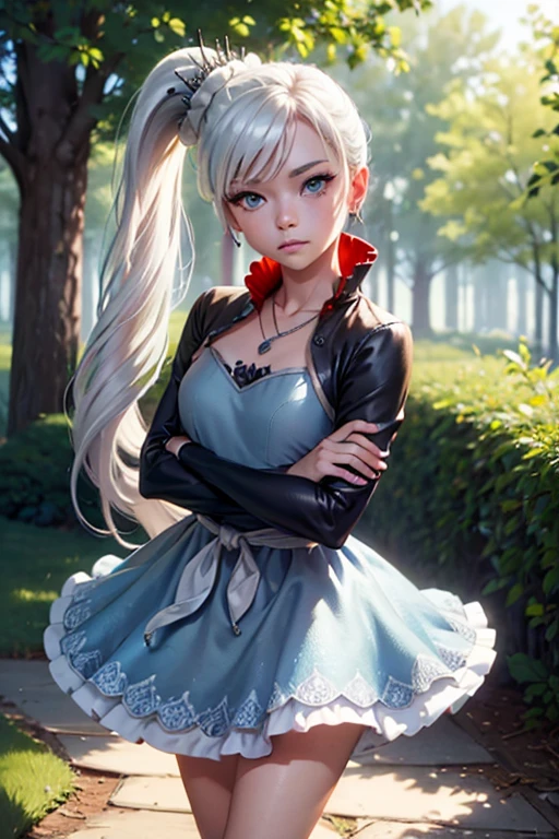 (masterpiece, best quality:1.2), cowboy shot, solo, 1girl, expressionless, closed mouth, looking at viewer, crossed arms, white hair, side ponytail, blue dress, white boots, scar on left eye,
jewelry, necklace, earrings, forest, summer afternoon